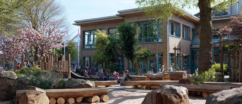 Schoolplein vergroenen met bomen, struiken en natuurlijke materialen? Van Weert is er voor aanleg en onderhoud van groene schoolpleinen.
